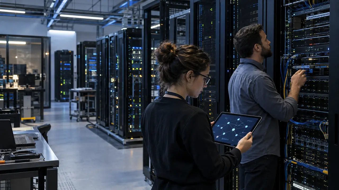 Two engineers check independent computer nodes in a server room.
