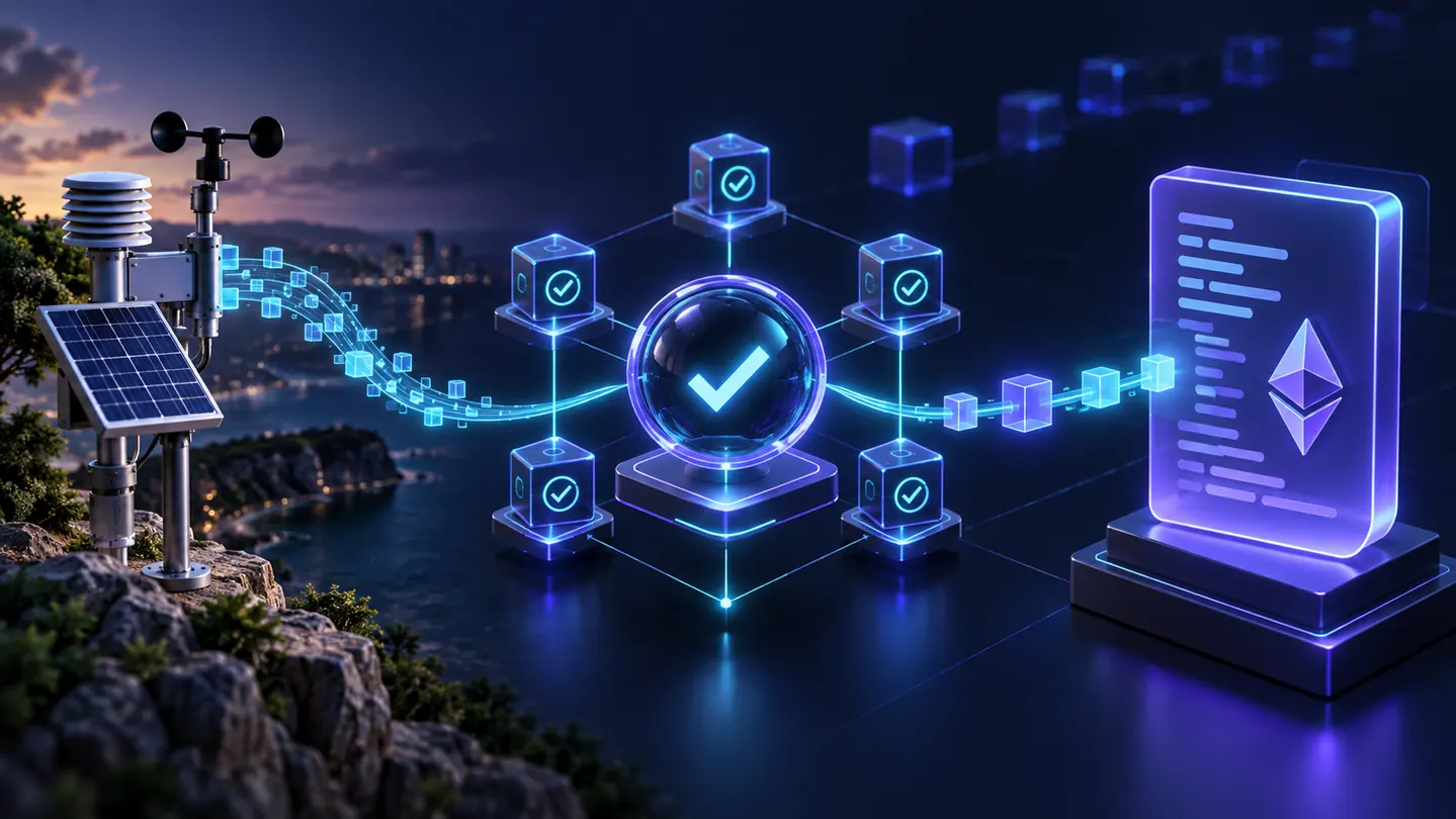 Externe Quelle und Prüfknoten versorgen einen Smart Contract