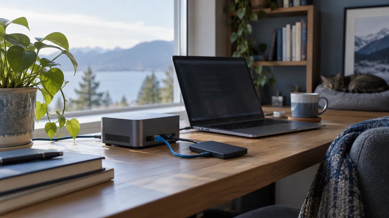 Kompakter Computer, Laufwerk und Netzwerkkabel auf einem Schreibtisch