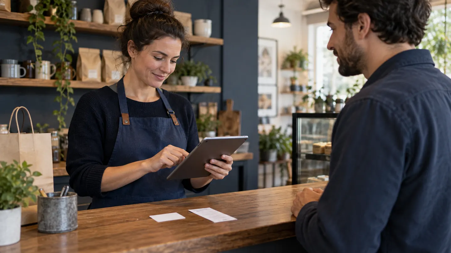 Merchant checking a payment on a tablet at a counter