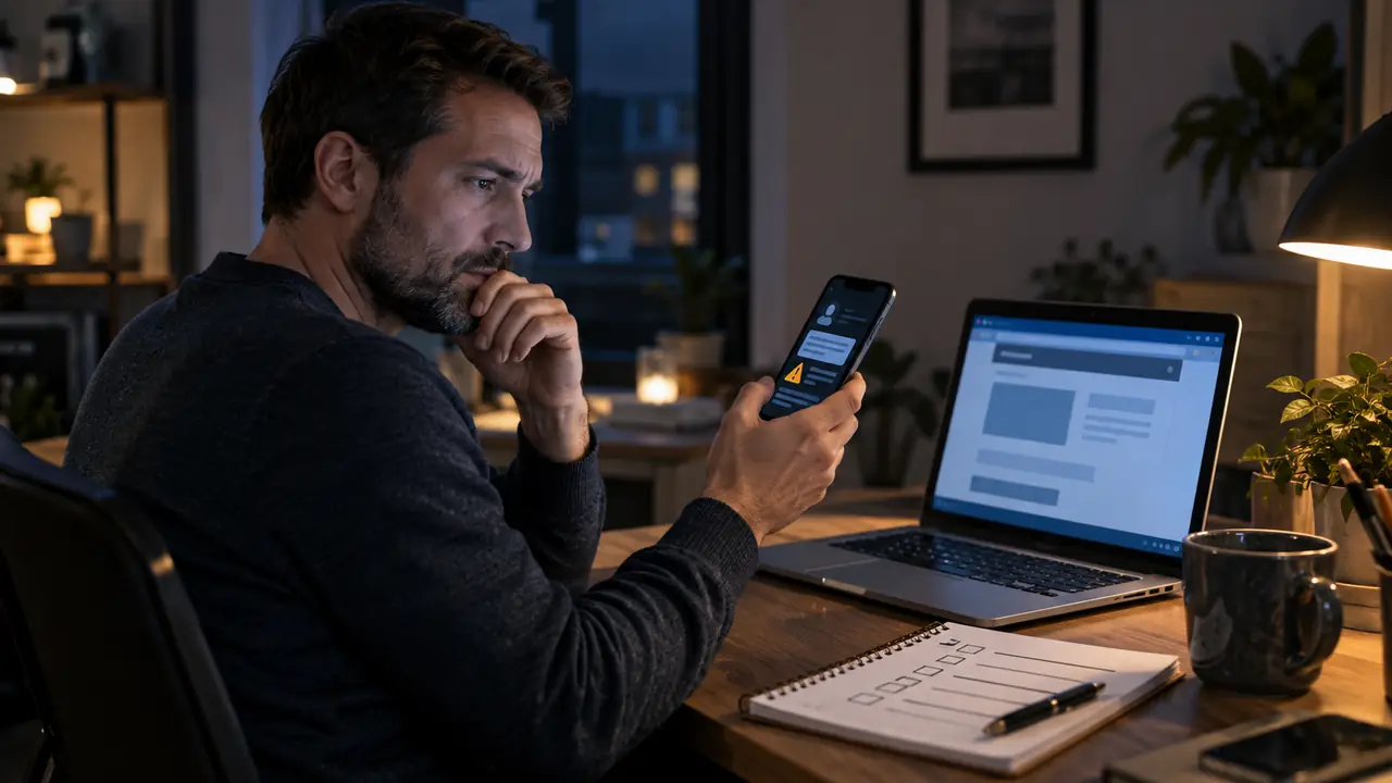 Eine Person prüft eine verdächtige Smartphone-Nachricht unabhängig am Computer.