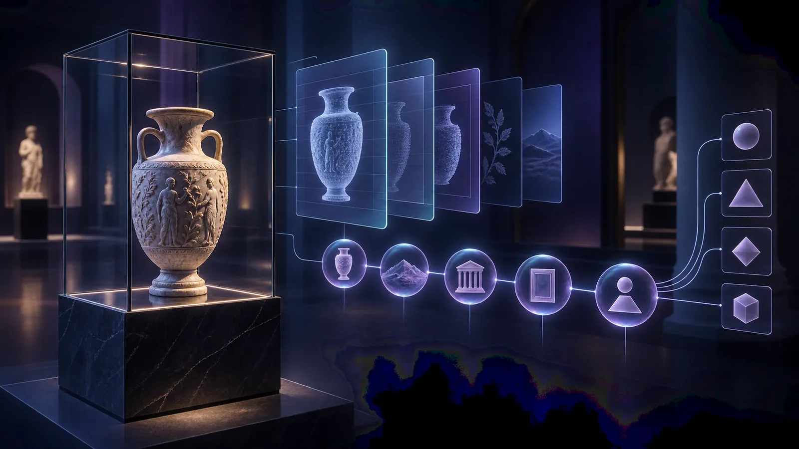 Ein Museumsobjekt ist mit abstrakten Ebenen für Zertifikate, Herkunft und Berechtigungen verbunden.