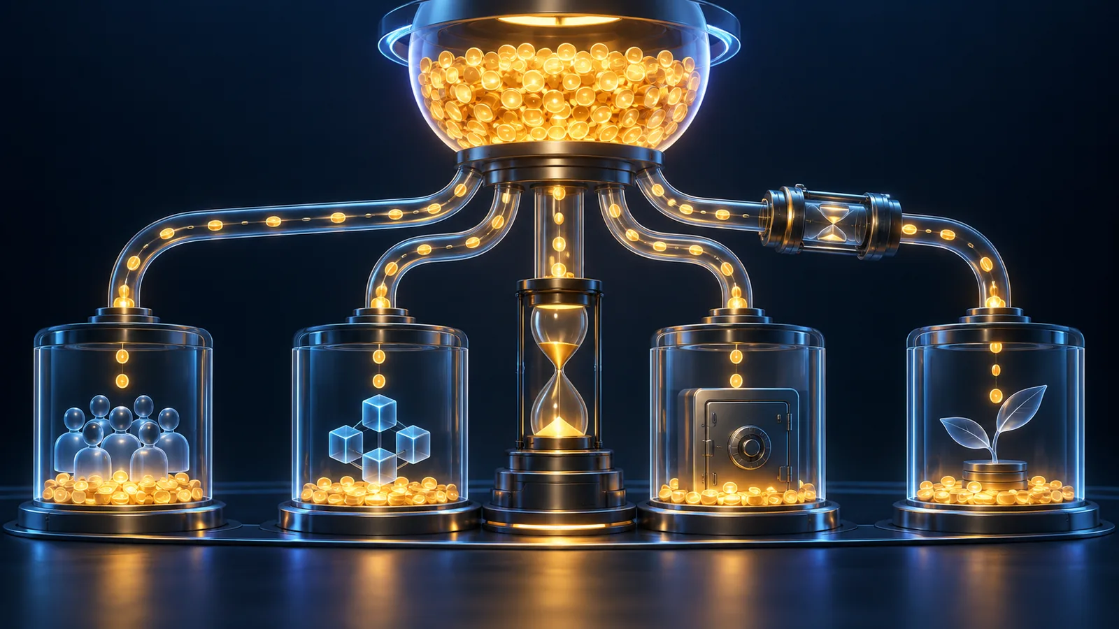 Ein Token-Reservoir verteilt Einheiten über sichtbare Zeitsperren auf mehrere Zuteilungen.