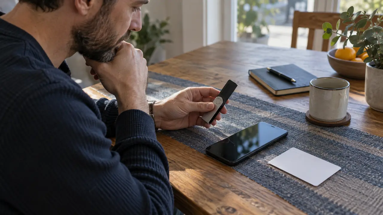Eine Person vergleicht Smartphone, Signiergerät und Offline-Sicherung.